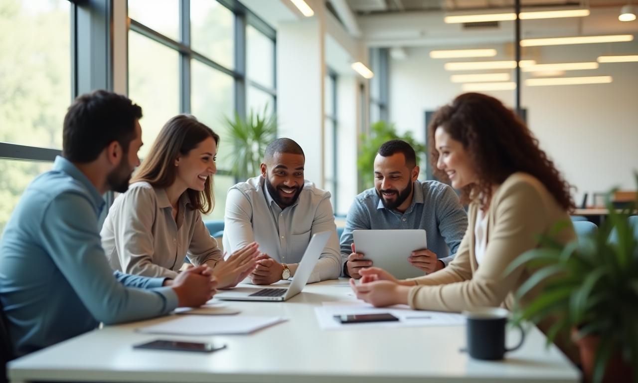 Diverse team of financial professionals collaborating in a modern office environment.