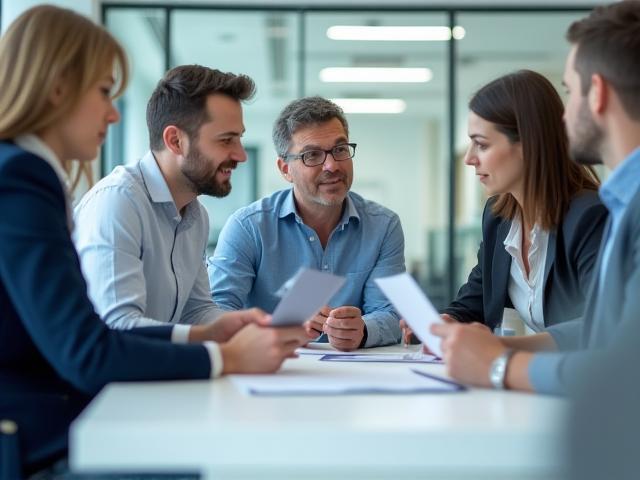 Professionals discussing corporate documents in a modern office.