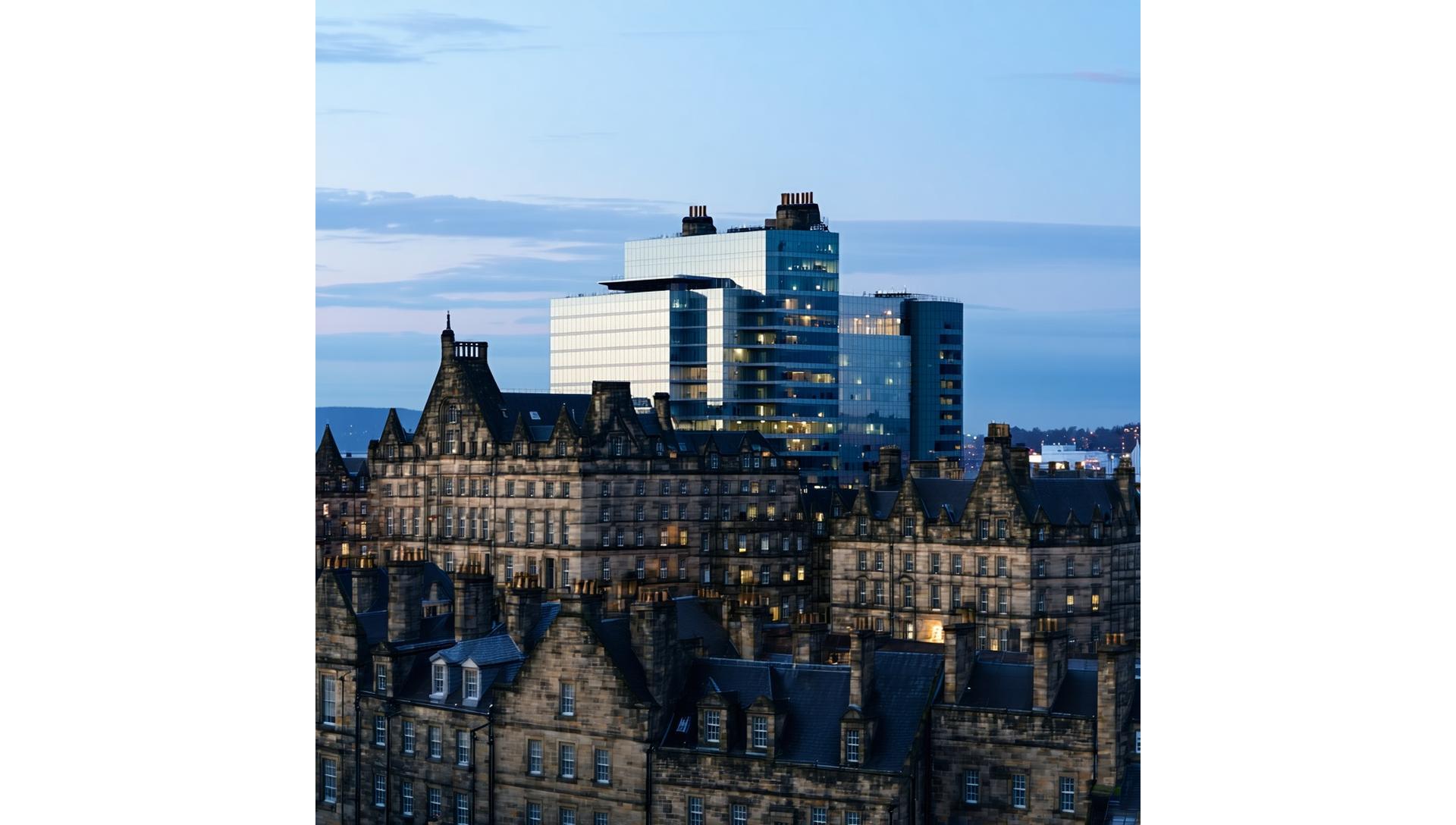 Modern office building skyline in Edinburgh, symbolizing financial strength and global reach.