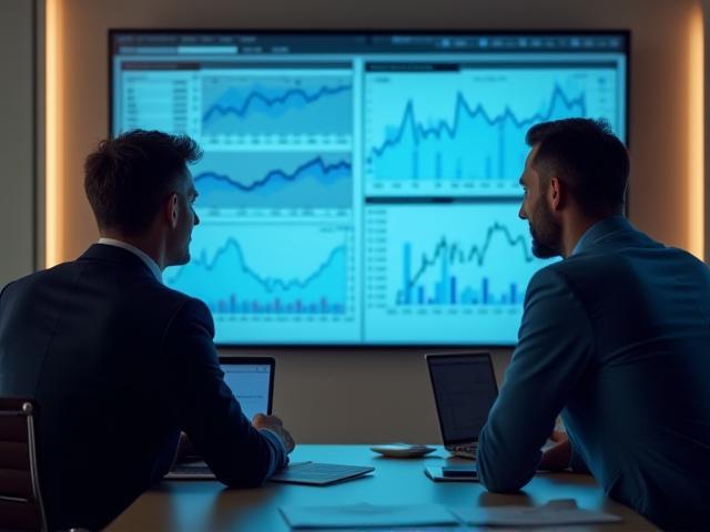 Two financial advisors reviewing investment portfolios on a screen.
