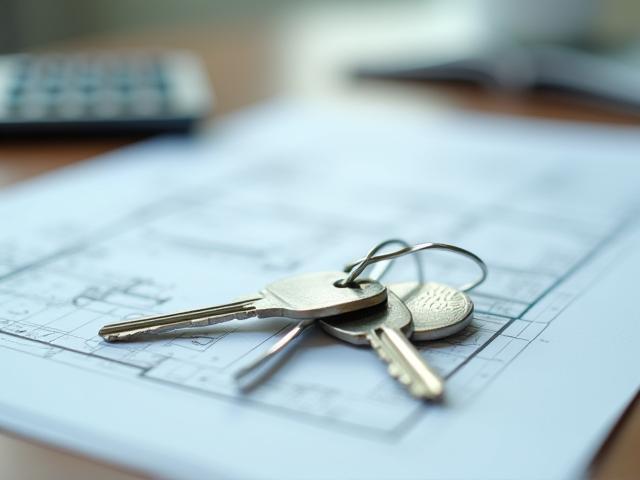 House keys on a blueprint with a calculator.