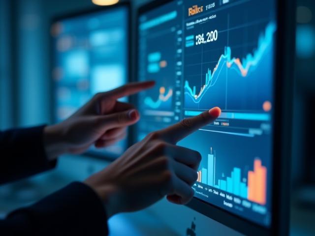 Hands pointing at data on a screen, analyzing risks.